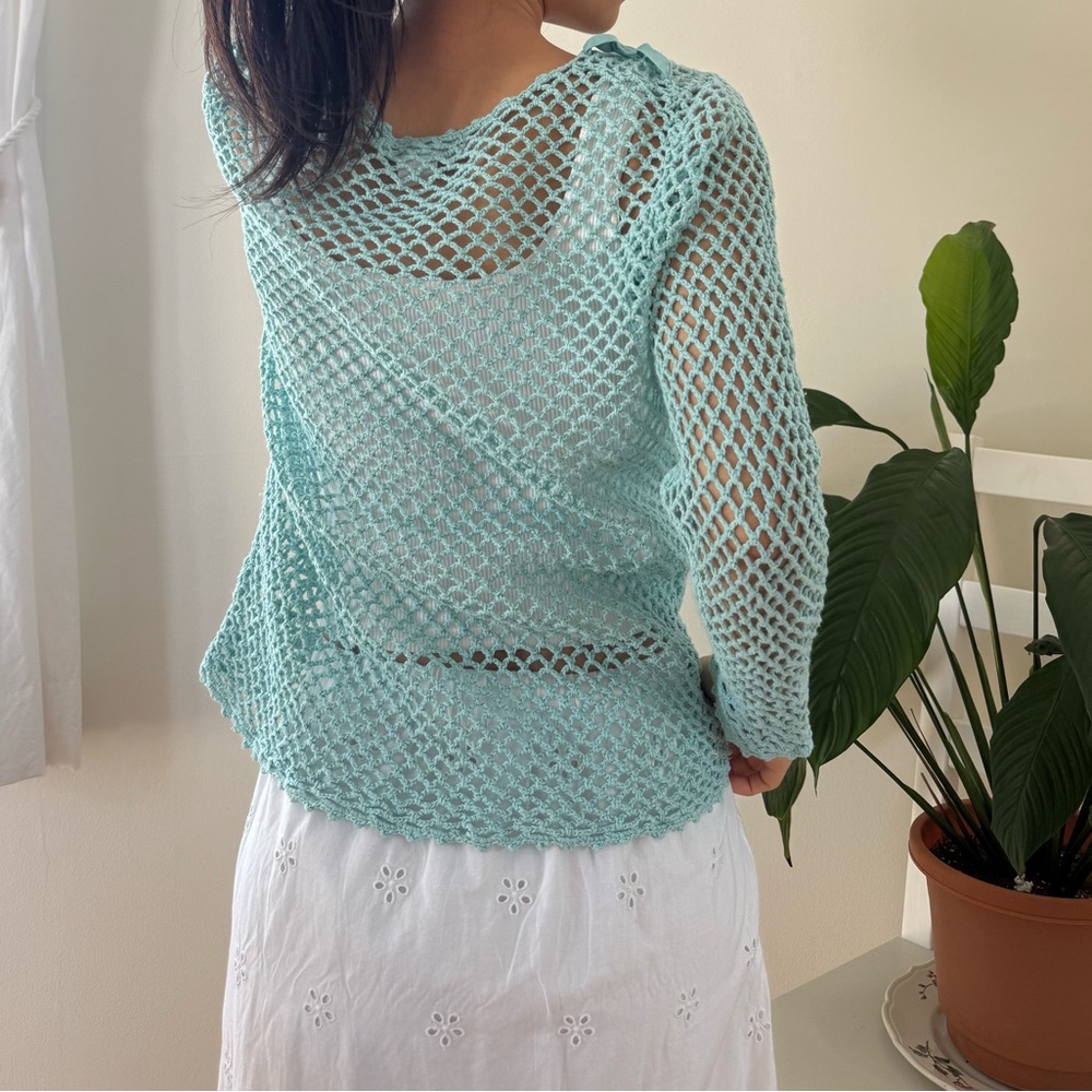 Modern Soul Linen Cotton Blend Crochet Light Blue Button Front Cardigan Size XS - Picture 6 of 11